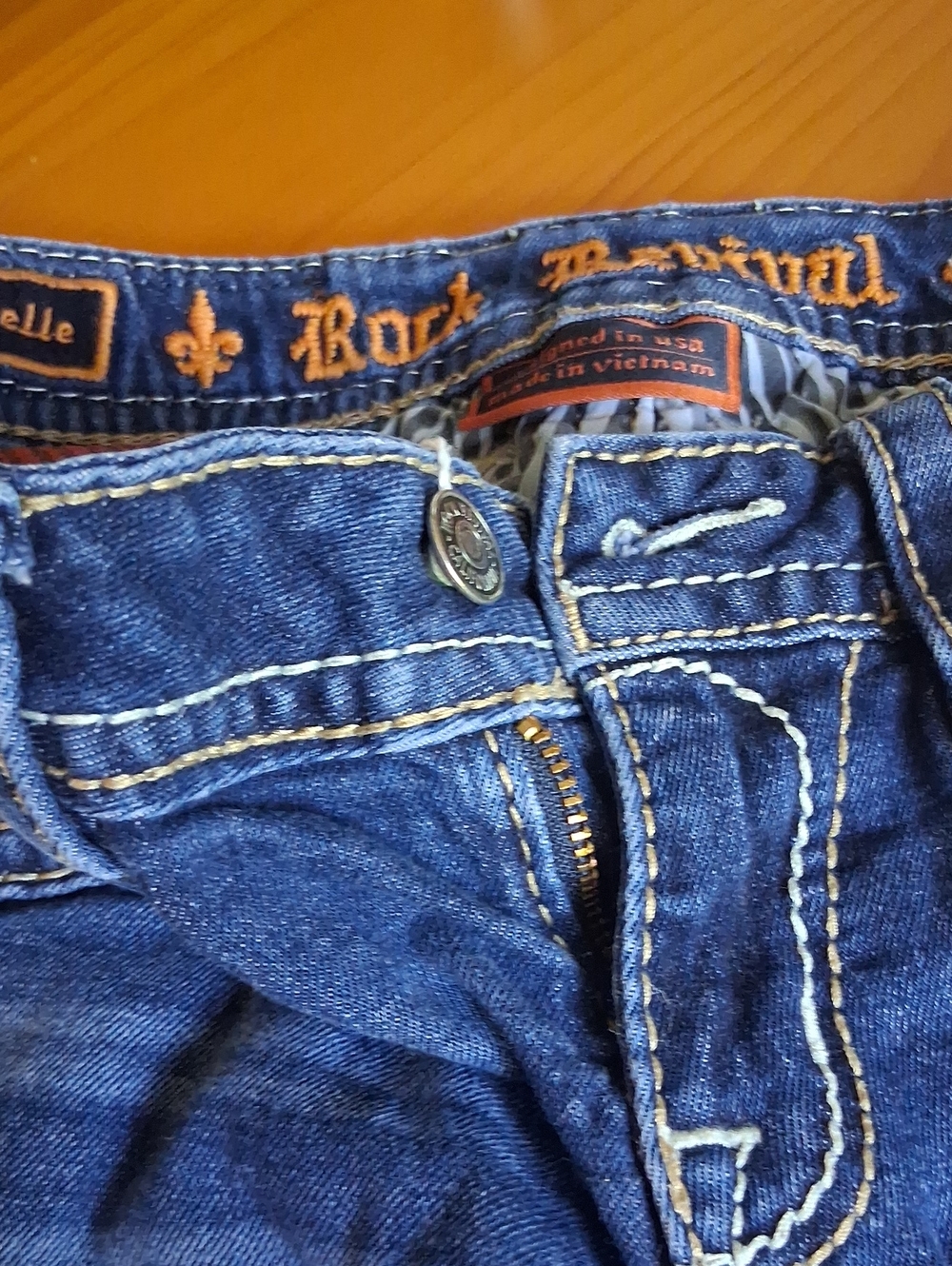 Rock Revival Men's Dark Blue Denim Jeans with Tan Stitching